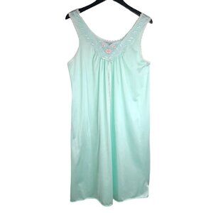 Vintage 80s Lorraine Silky Mint Green Floral Lace V Neck Slip Dress Nightgown
